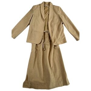 Vtg 70's 80s Faux Suede Skirt‎ Suit Blazer Dress Set Camel Color Retro Midi Sz M